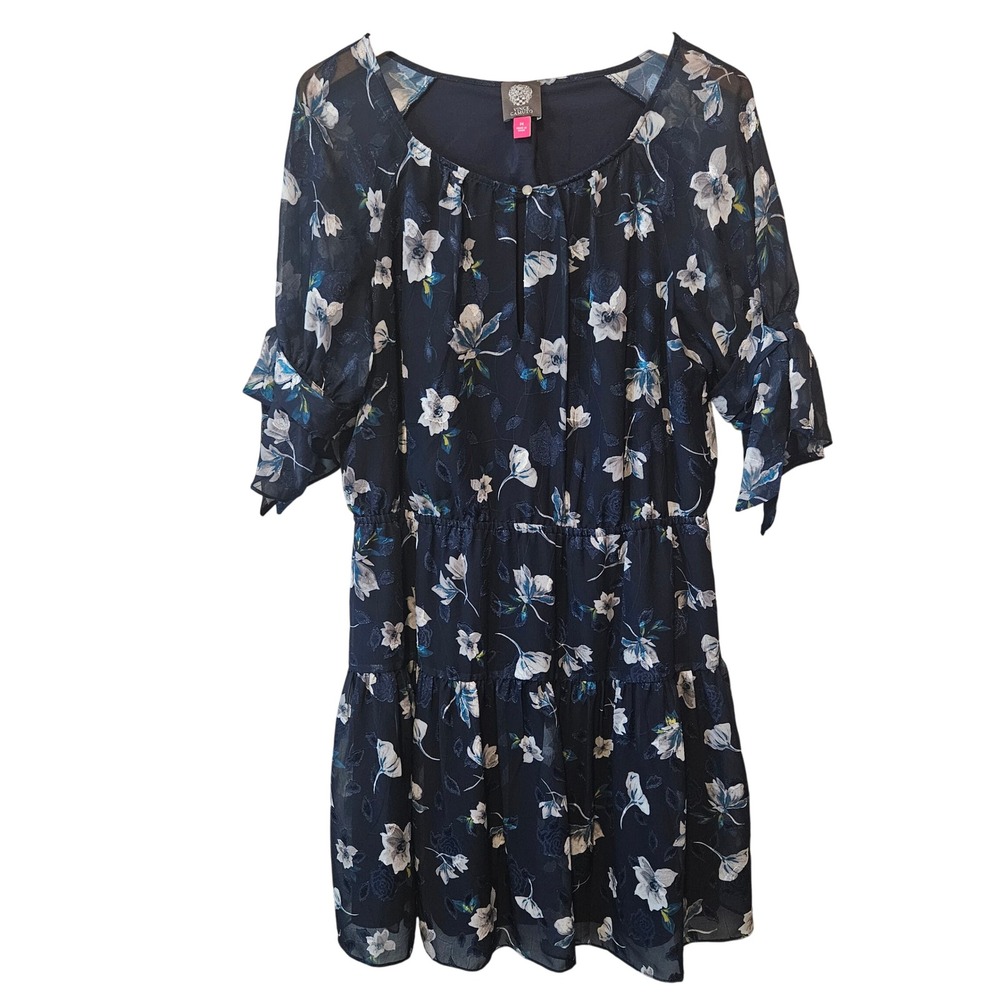 Vince Camuto Navy Blue Floral Chiffon Tiered Dress with Tie Sleeves Size 14